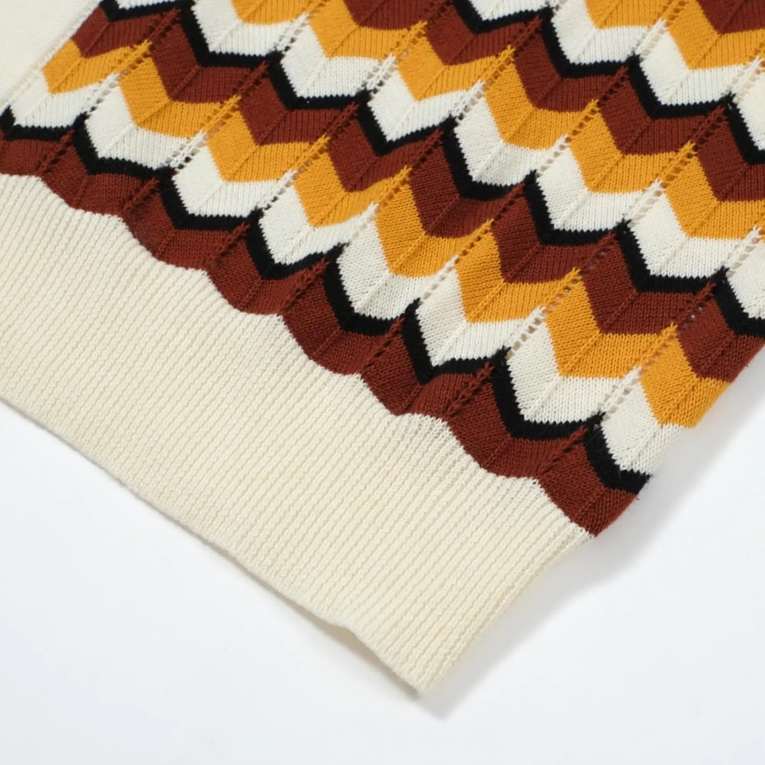 OXKNIT Men Knit Polo Shirts Short Sleeve 1960s Mod Style Vintage Polo Shirt Retro Poloshirt with Yellow Brown Wave