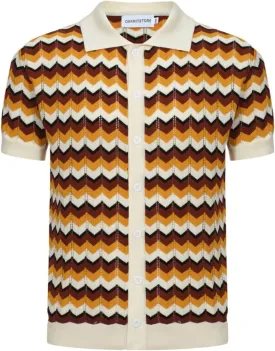 OXKNIT Men Knit Polo Shirts Short Sleeve 1960s Mod Style Vintage Polo Shirt Retro Poloshirt with Yellow Brown Wave