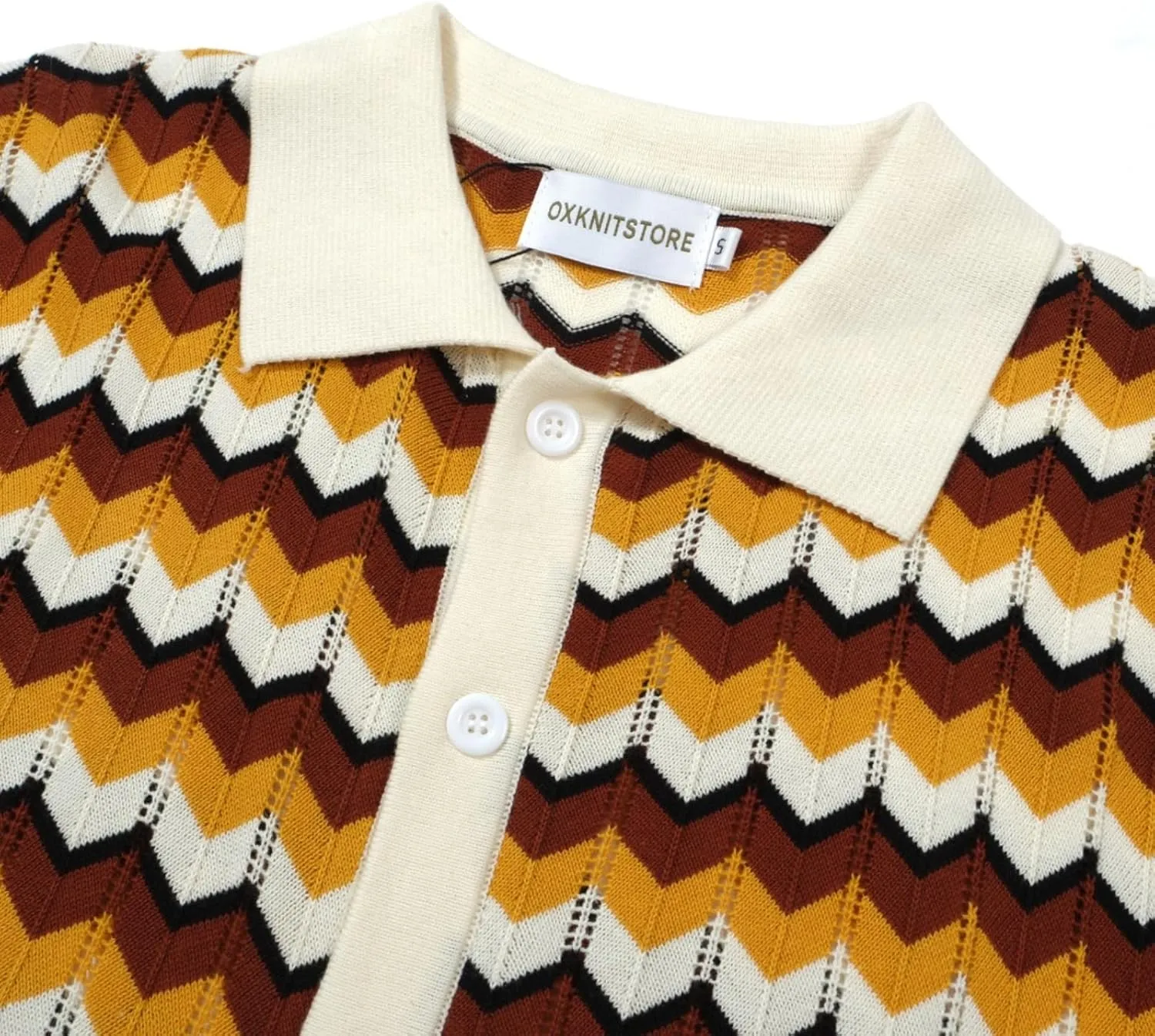 OXKNIT Men Knit Polo Shirts Short Sleeve 1960s Mod Style Vintage Polo Shirt Retro Poloshirt with Yellow Brown Wave