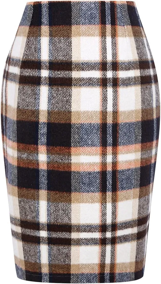 Plaid Midi Skirts for Women 2024 Fall Winter Pencil Bodycon with Slit High Waist Cute Skirt