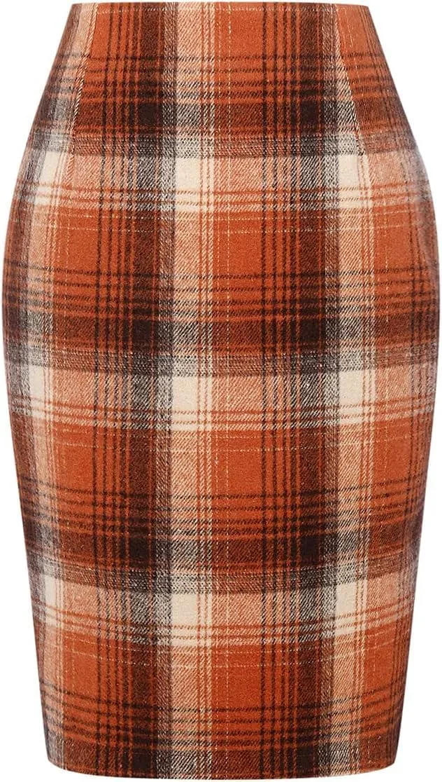 Plaid Midi Skirts for Women 2024 Fall Winter Pencil Bodycon with Slit High Waist Cute Skirt