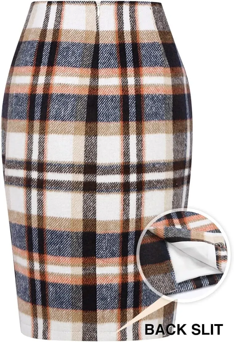 Plaid Midi Skirts for Women 2024 Fall Winter Pencil Bodycon with Slit High Waist Cute Skirt
