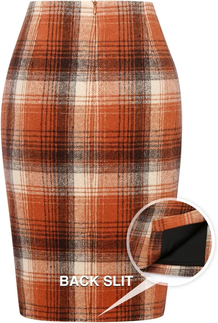 Plaid Midi Skirts for Women 2024 Fall Winter Pencil Bodycon with Slit High Waist Cute Skirt