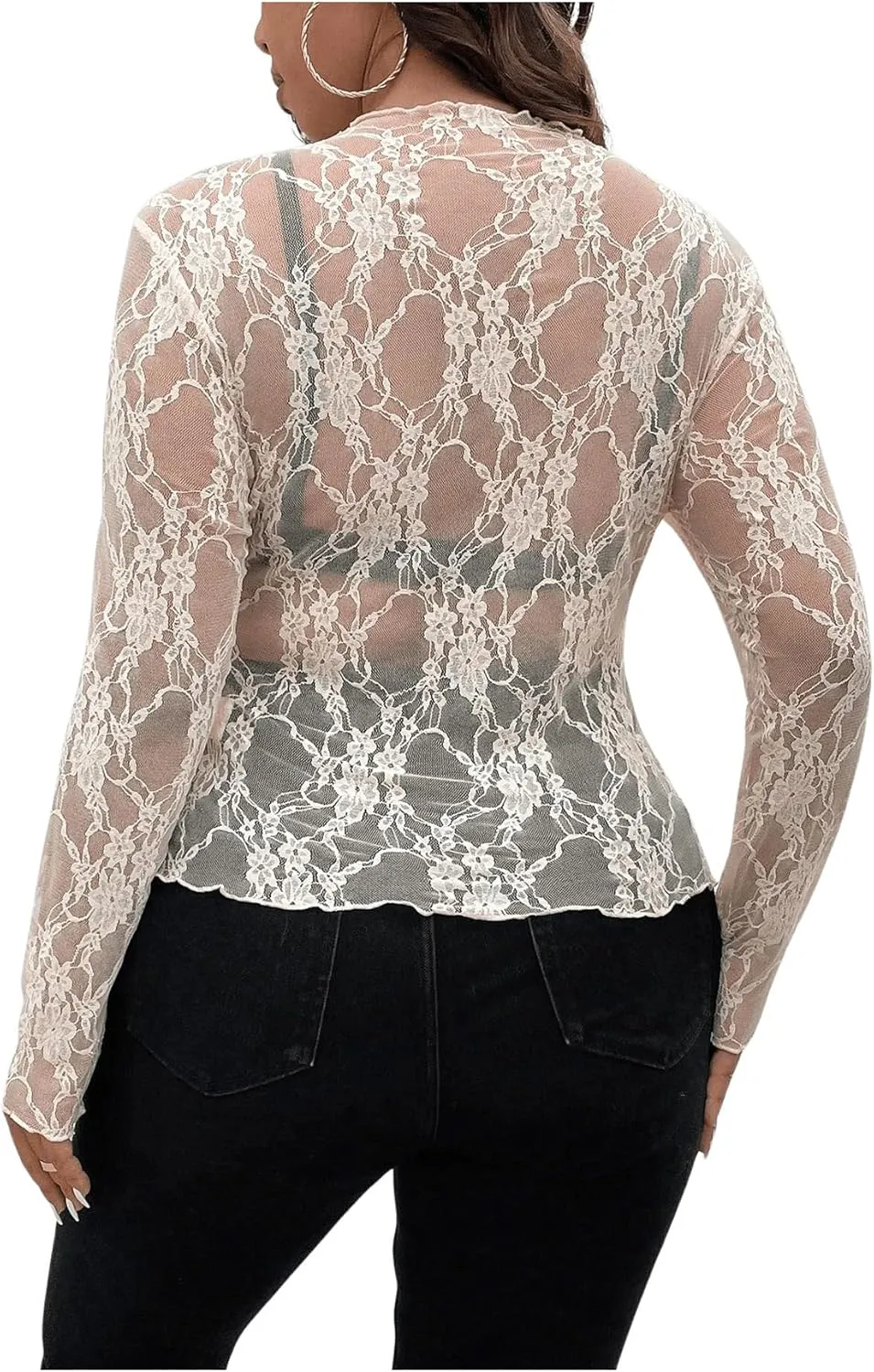 SHENHE Women's Plus Size Floral Lace Mesh Long Sleeve Sheer See Through Crop Top Sexy Blouse Rave Festival