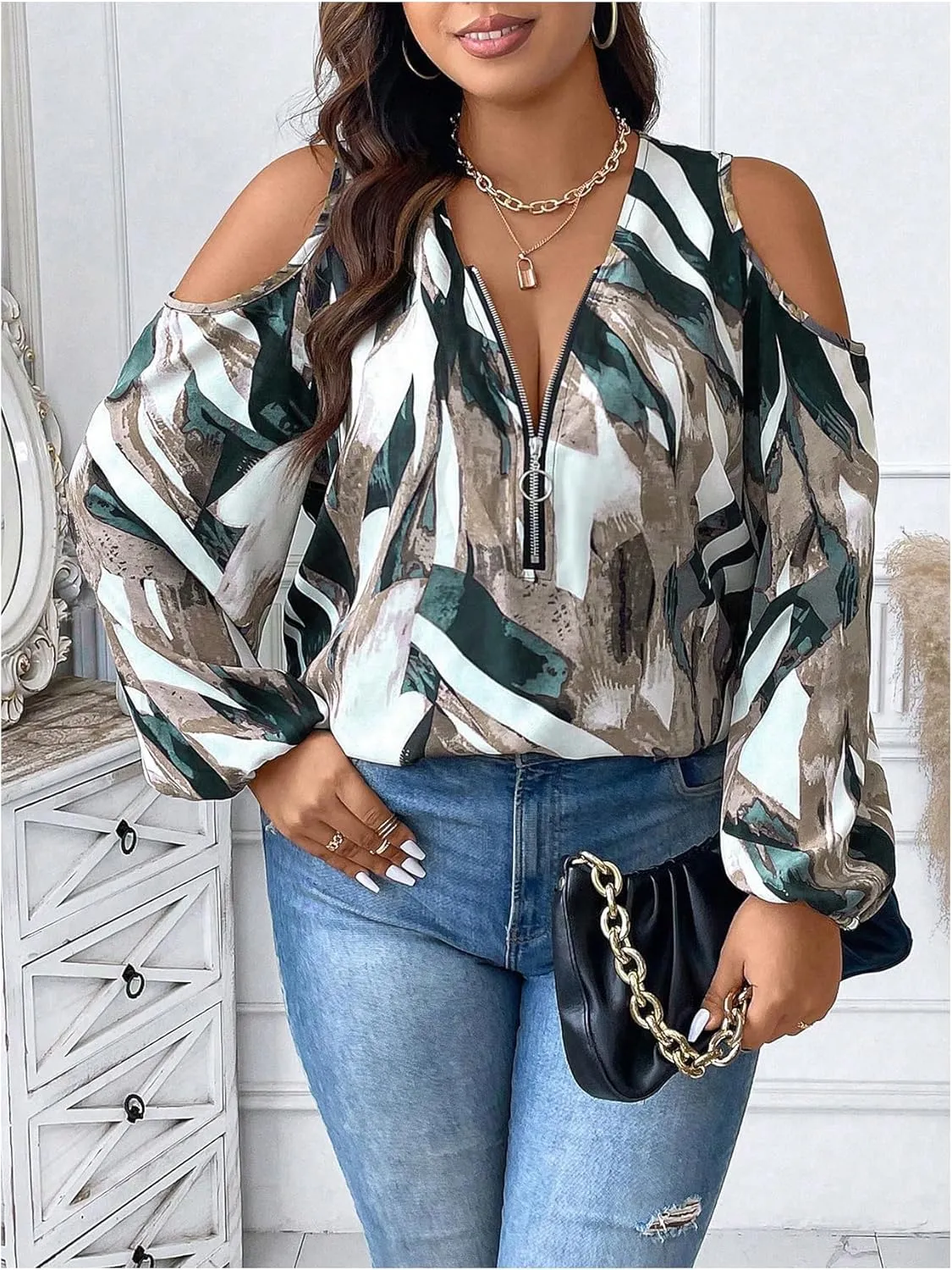 SOLY HUX Women's Plus Size Blouse Allover Print Cold Shoulder Bishop Long Sleeve Half Zip Tops