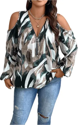 SOLY HUX Women's Plus Size Blouse Allover Print Cold Shoulder Bishop Long Sleeve Half Zip Tops