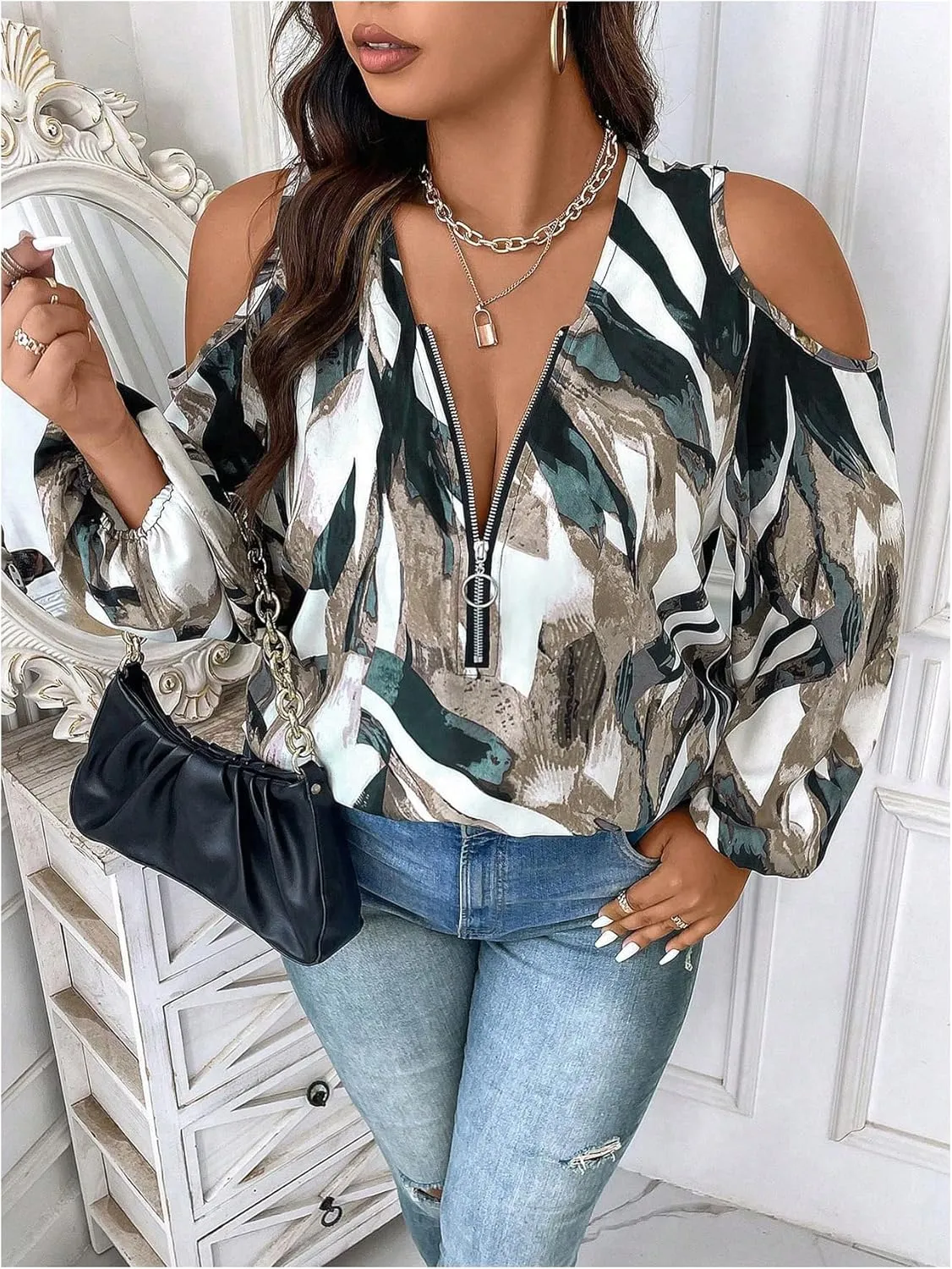 SOLY HUX Women's Plus Size Blouse Allover Print Cold Shoulder Bishop Long Sleeve Half Zip Tops