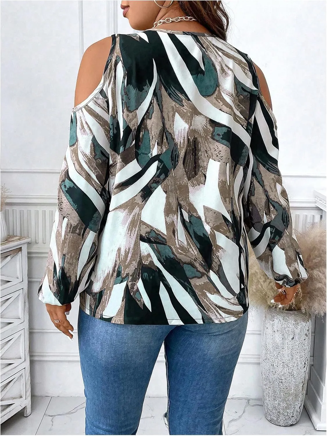 SOLY HUX Women's Plus Size Blouse Allover Print Cold Shoulder Bishop Long Sleeve Half Zip Tops