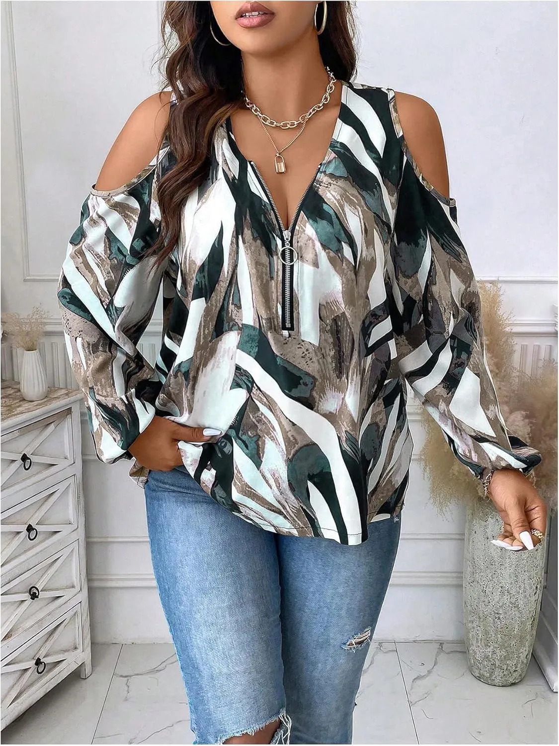 SOLY HUX Women's Plus Size Blouse Allover Print Cold Shoulder Bishop Long Sleeve Half Zip Tops