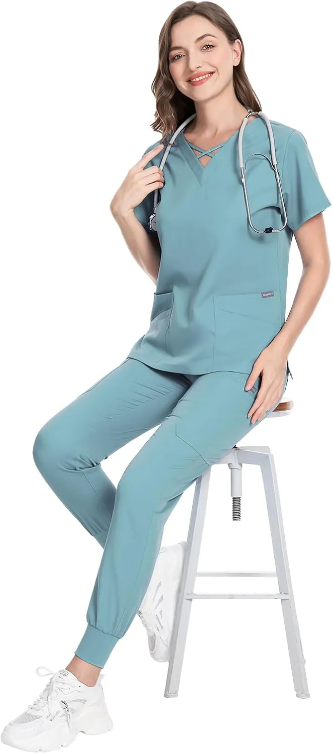 VIAOLI Scrubs for Women Set Modern V-Neck Top & 8 Pocket Jogger Pants Athletic Nursing Uniform Solid Stretch Workwear