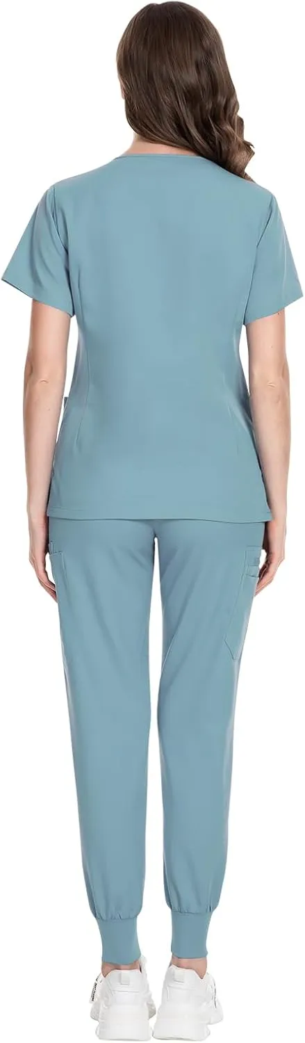 VIAOLI Scrubs for Women Set Modern V-Neck Top & 8 Pocket Jogger Pants Athletic Nursing Uniform Solid Stretch Workwear