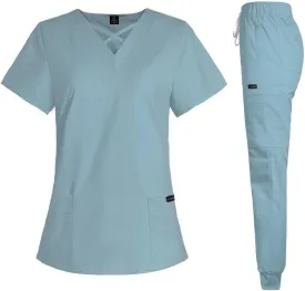 VIAOLI Scrubs for Women Set Modern V-Neck Top & 8 Pocket Jogger Pants Athletic Nursing Uniform Solid Stretch Workwear