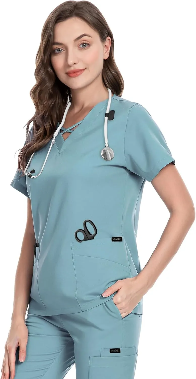 VIAOLI Scrubs for Women Set Modern V-Neck Top & 8 Pocket Jogger Pants Athletic Nursing Uniform Solid Stretch Workwear