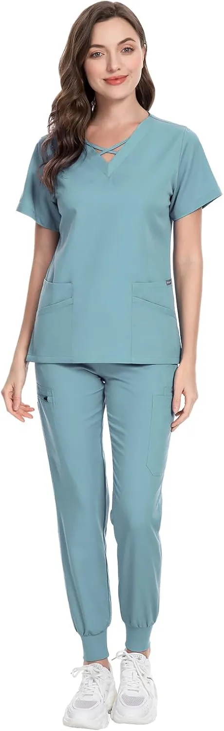 VIAOLI Scrubs for Women Set Modern V-Neck Top & 8 Pocket Jogger Pants Athletic Nursing Uniform Solid Stretch Workwear