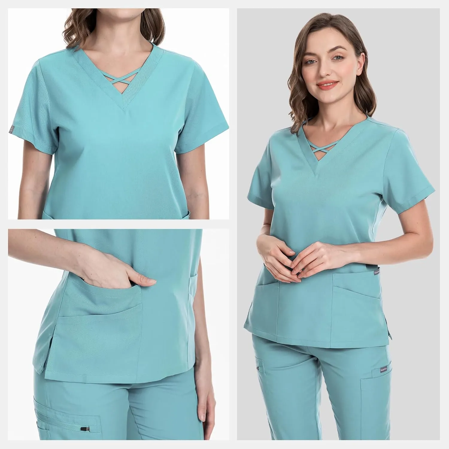 VIAOLI Scrubs for Women Set Modern V-Neck Top & 8 Pocket Jogger Pants Athletic Nursing Uniform Solid Stretch Workwear