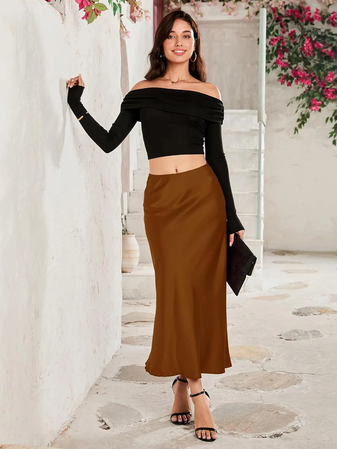 Women Long Satin Skirt Silk Elegant High Waist Cocktail Party Wedding Flared A-Line Midi Skirts