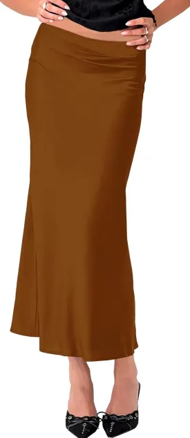 Women Long Satin Skirt Silk Elegant High Waist Cocktail Party Wedding Flared A-Line Midi Skirts