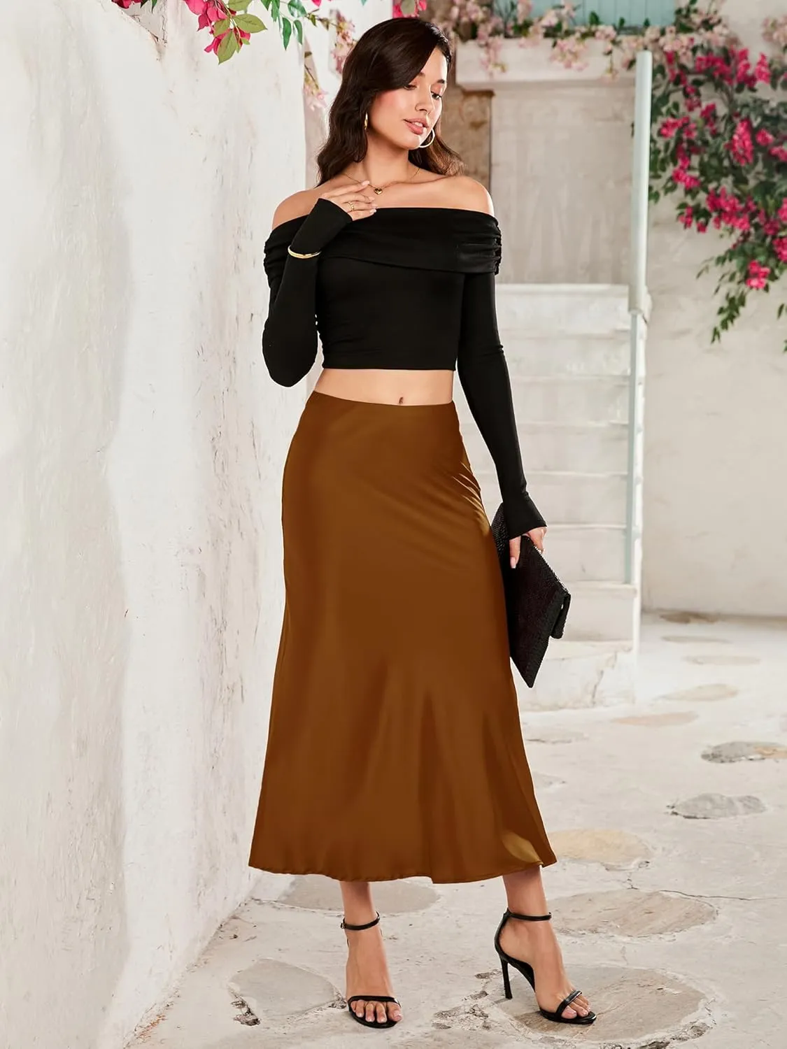 Women Long Satin Skirt Silk Elegant High Waist Cocktail Party Wedding Flared A-Line Midi Skirts