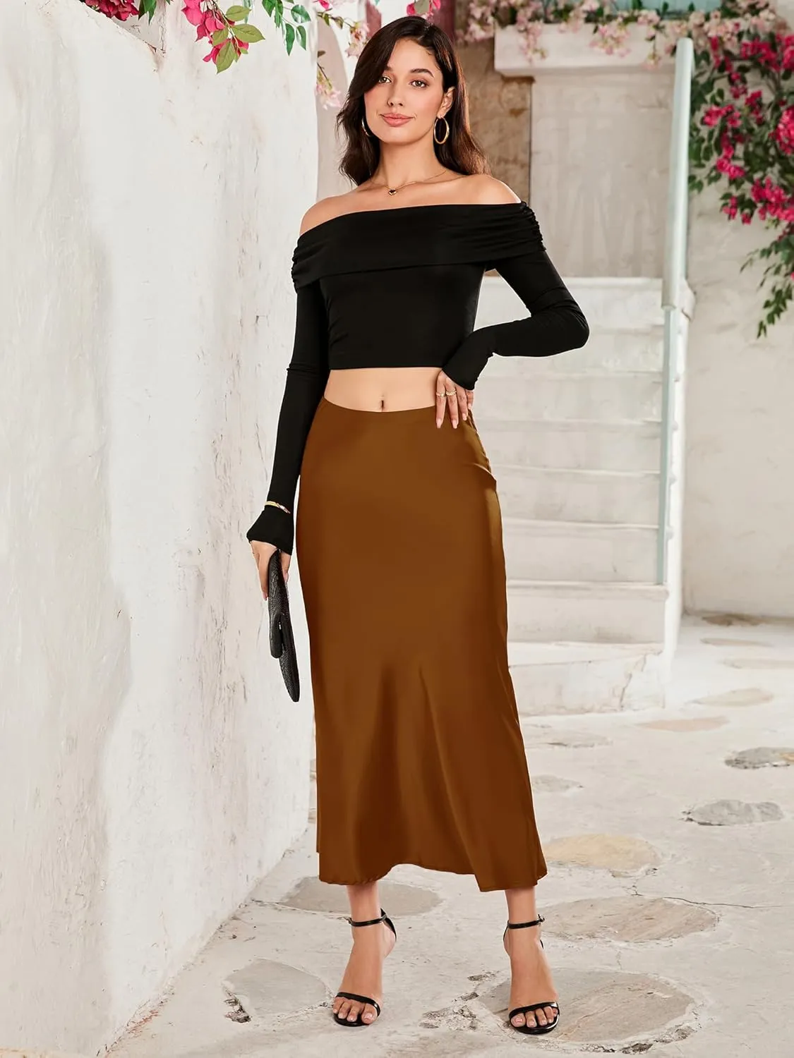 Women Long Satin Skirt Silk Elegant High Waist Cocktail Party Wedding Flared A-Line Midi Skirts