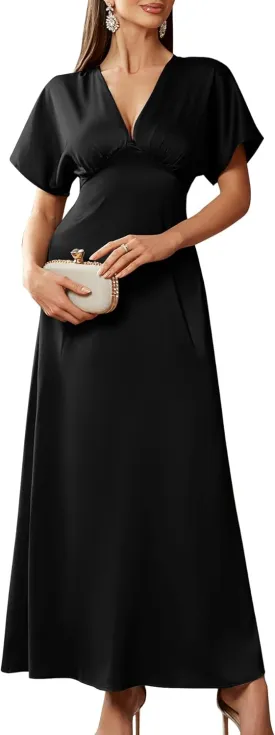 Women's 2025 Satin Dress Elegant Deep V Neck Flutter Sleeve A-Line Gown Cocktail Party Maxi Dresses