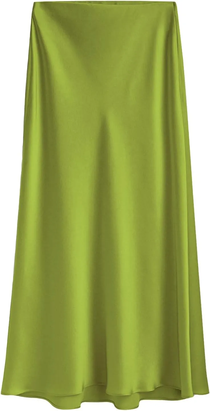 Women's 2025 Summer Satin Maxi Skirts High Waisted Spring Silk Casual A-Line Cocktail Party Long Skirt