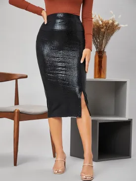Women's Basic Faux Crocodile Leather Slit Pencil Midi Skirt Split Party High Waist Casual Skirts
