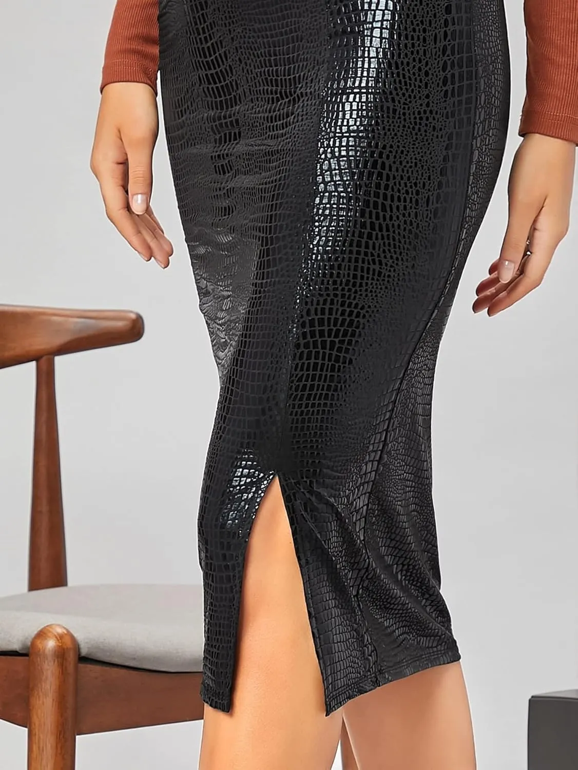 Women's Basic Faux Crocodile Leather Slit Pencil Midi Skirt Split Party High Waist Casual Skirts