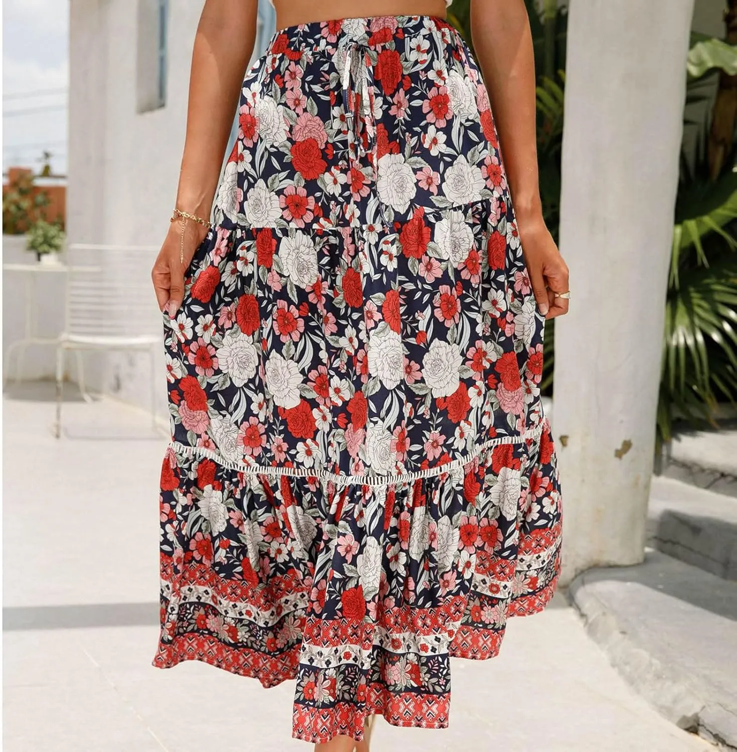 Womens Boho Floral Tie Up Waist Summer Beach Wrap Cover Up Maxi Skirt Full Length A-Line Stretchy Flared Casual Skirt