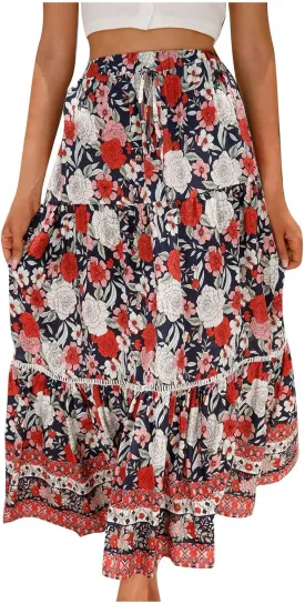 Womens Boho Floral Tie Up Waist Summer Beach Wrap Cover Up Maxi Skirt Full Length A-Line Stretchy Flared Casual Skirt