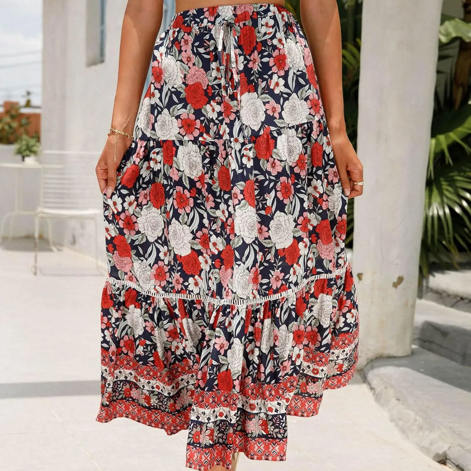 Womens Boho Floral Tie Up Waist Summer Beach Wrap Cover Up Maxi Skirt Full Length A-Line Stretchy Flared Casual Skirt