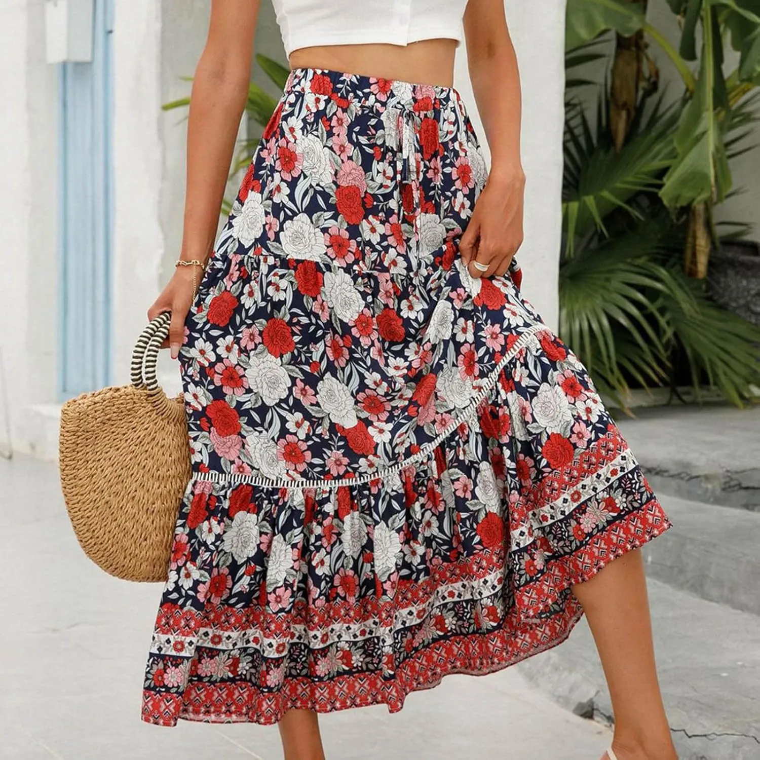 Womens Boho Floral Tie Up Waist Summer Beach Wrap Cover Up Maxi Skirt Full Length A-Line Stretchy Flared Casual Skirt