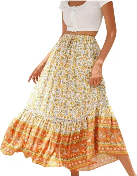 Womens Boho Floral Tie Up Waist Summer Beach Wrap Cover Up Maxi Skirt Full Length A-Line Stretchy Flared Casual Skirt