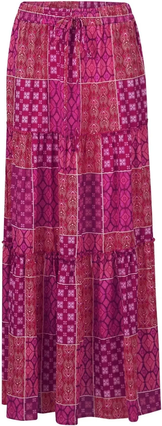 Womens Boho Maxi Skirt with Pockets Cute Summer Flowy Floral Long Bohemian Skirts Hawaiian Elastic High Waisted Skirt