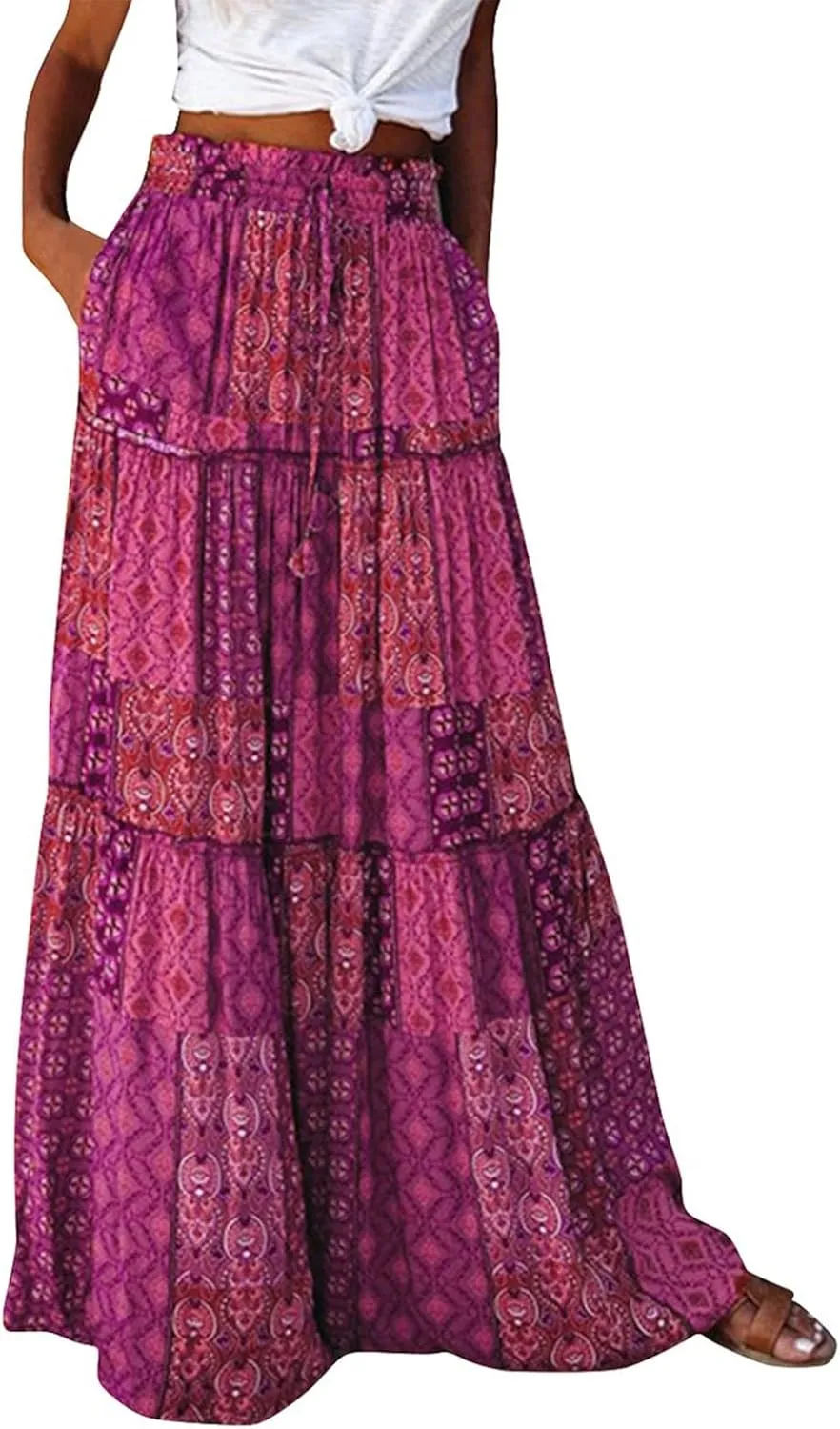 Womens Boho Maxi Skirt with Pockets Cute Summer Flowy Floral Long Bohemian Skirts Hawaiian Elastic High Waisted Skirt