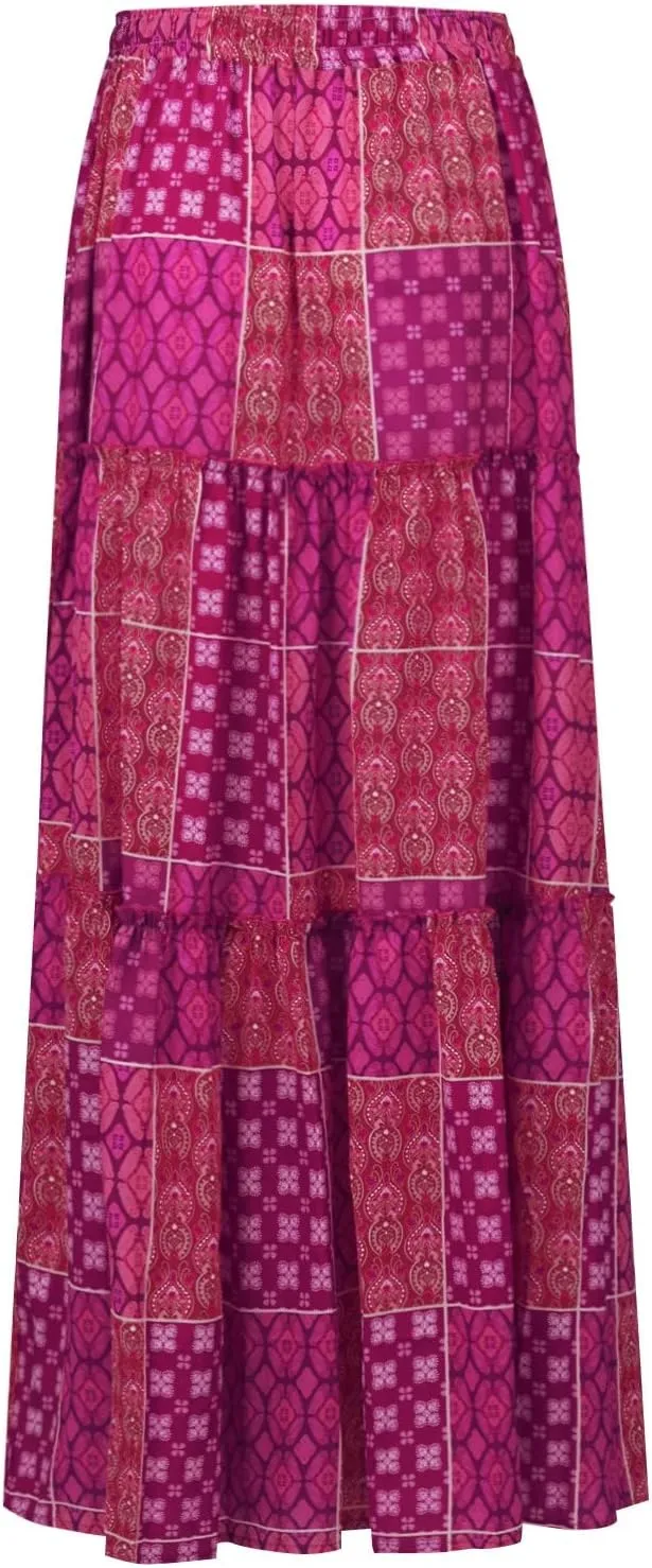 Womens Boho Maxi Skirt with Pockets Cute Summer Flowy Floral Long Bohemian Skirts Hawaiian Elastic High Waisted Skirt