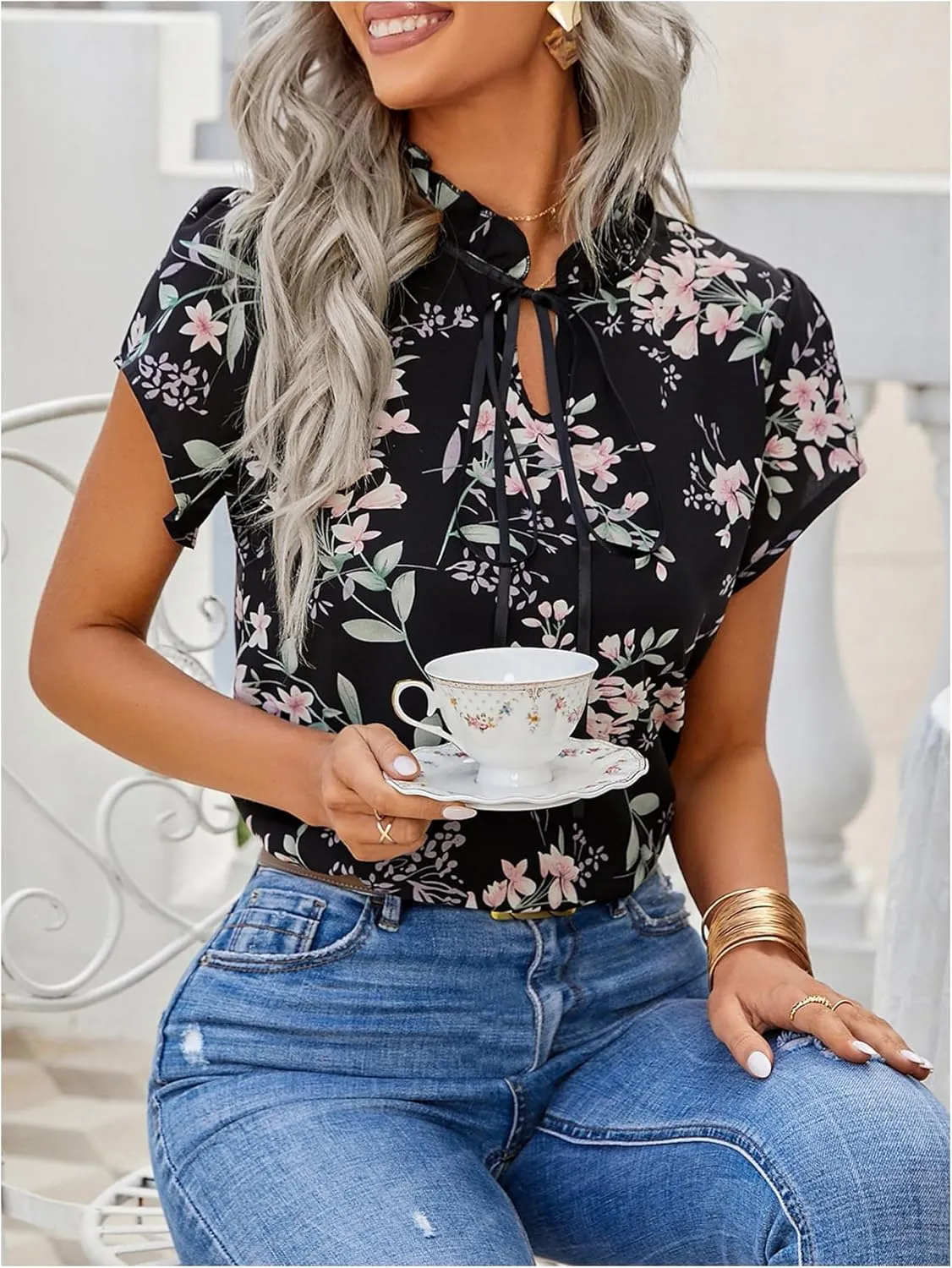 Women's Floral Shirts Frill Trim Short Sleeve Tie Neck Blouse Spring Summer Tops