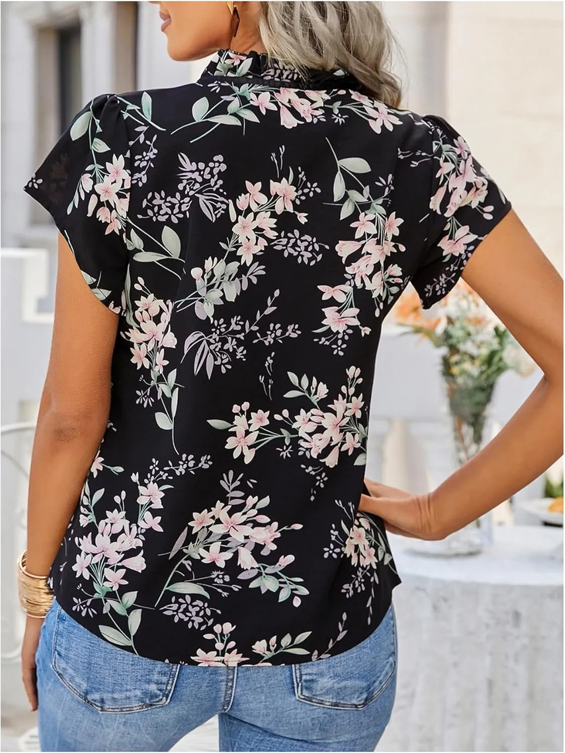 Women's Floral Shirts Frill Trim Short Sleeve Tie Neck Blouse Spring Summer Tops