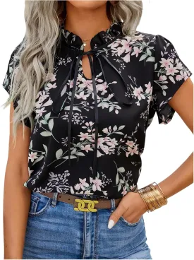 Women's Floral Shirts Frill Trim Short Sleeve Tie Neck Blouse Spring Summer Tops