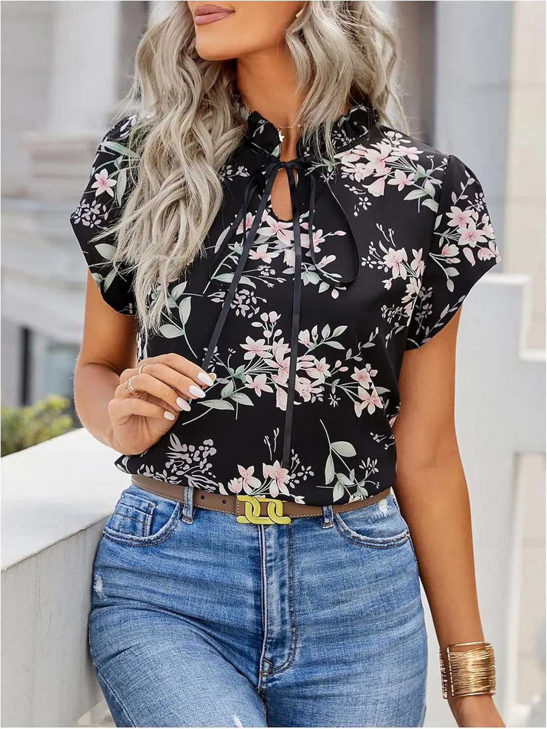 Women's Floral Shirts Frill Trim Short Sleeve Tie Neck Blouse Spring Summer Tops