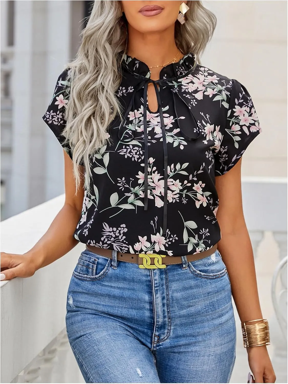 Women's Floral Shirts Frill Trim Short Sleeve Tie Neck Blouse Spring Summer Tops