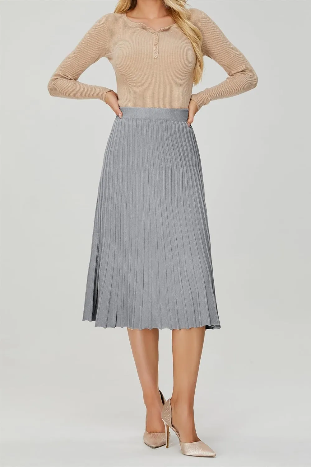 Women's Knit Maxi Pleated Skirts, High Waist Elastic A Line Long Skirt for Fall Winter