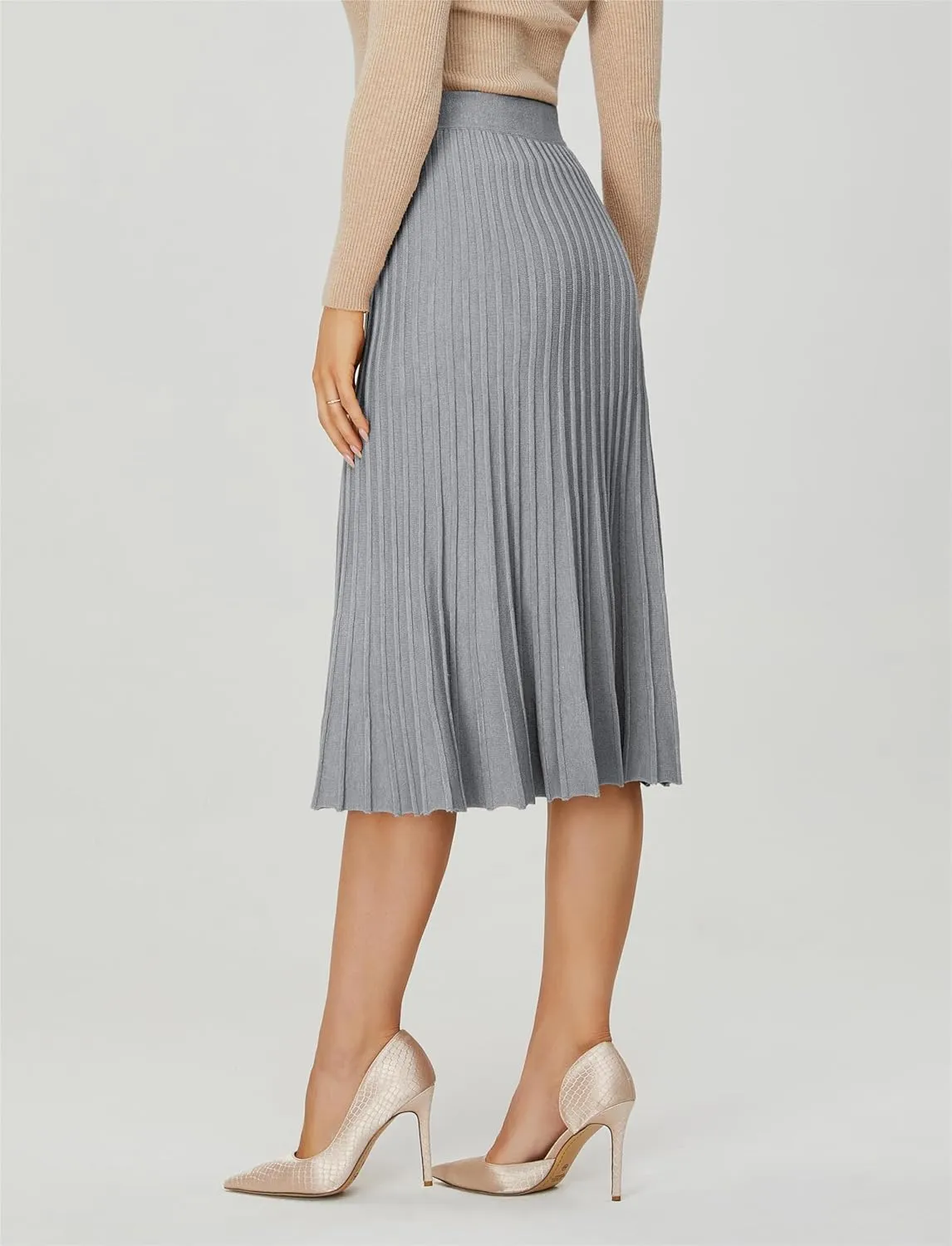 Women's Knit Maxi Pleated Skirts, High Waist Elastic A Line Long Skirt for Fall Winter