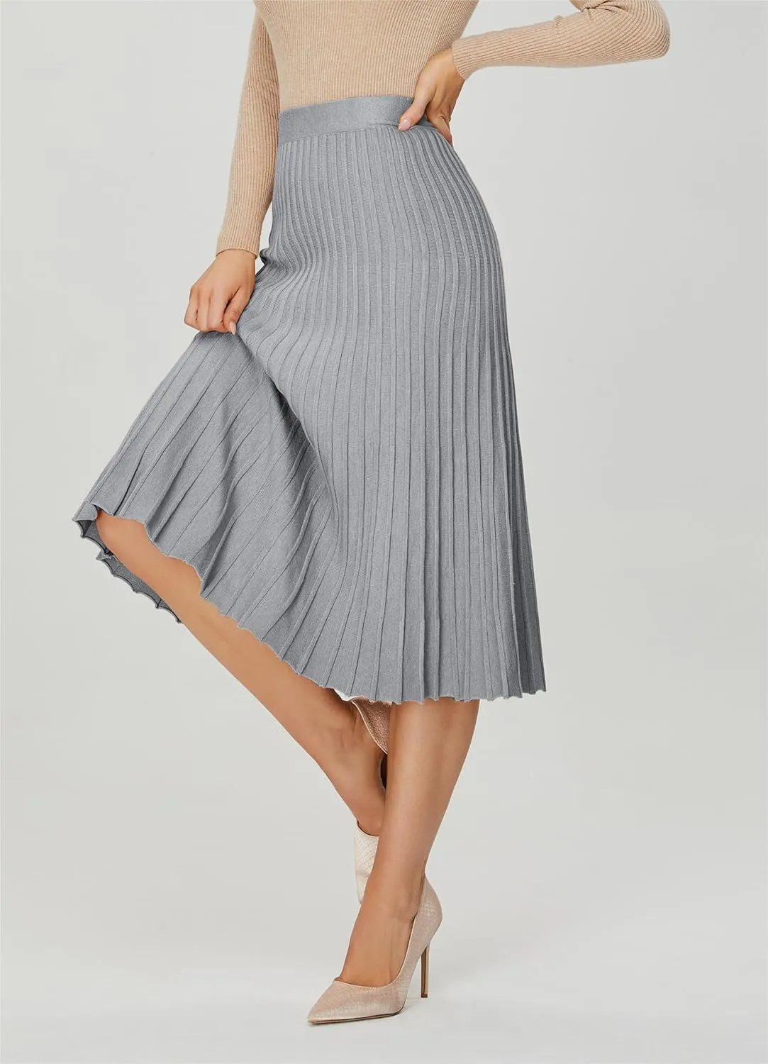 Women's Knit Maxi Pleated Skirts, High Waist Elastic A Line Long Skirt for Fall Winter