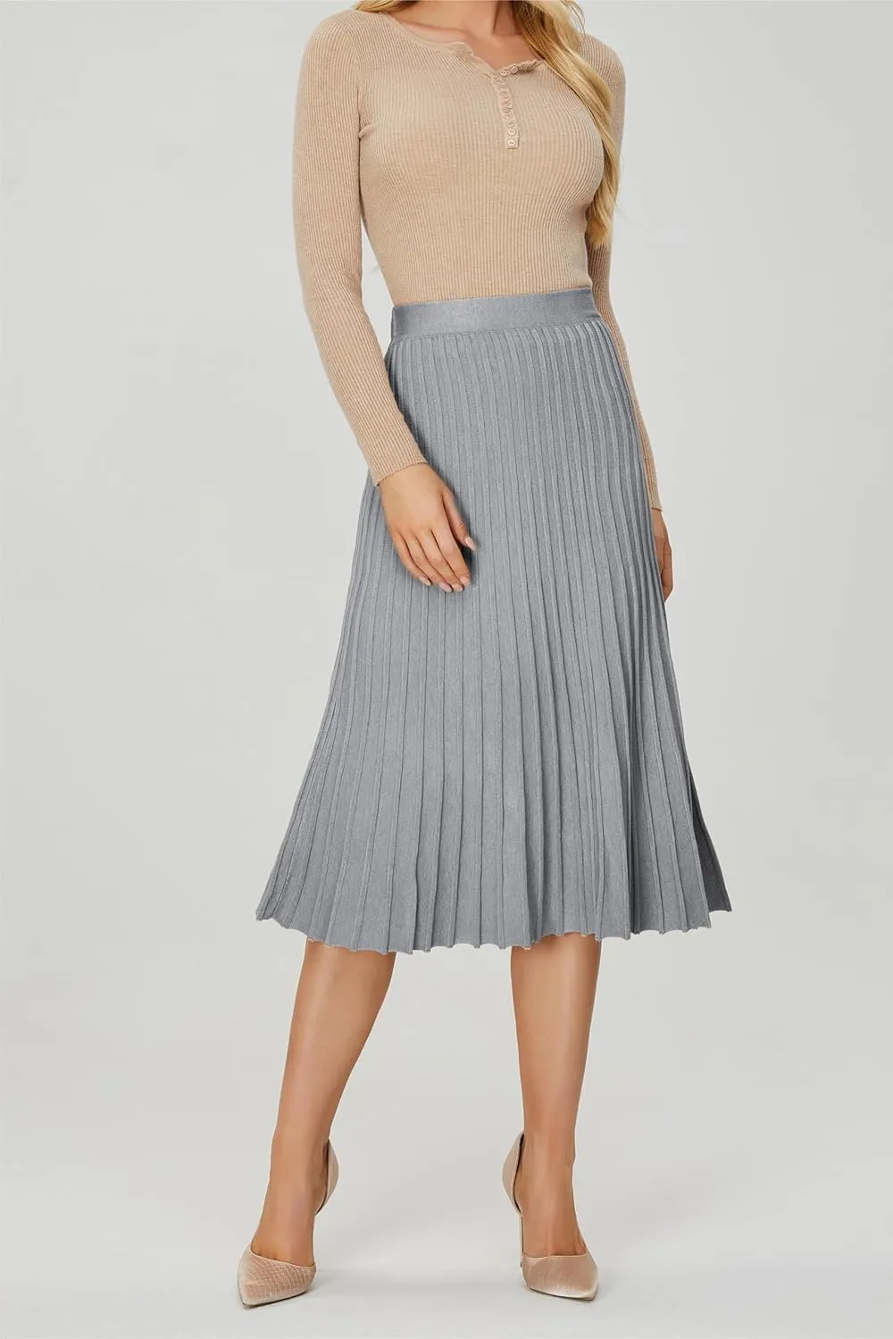 Women's Knit Maxi Pleated Skirts, High Waist Elastic A Line Long Skirt for Fall Winter