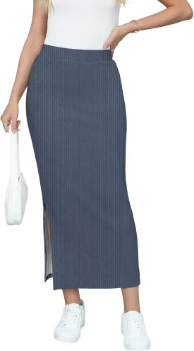 Women's Maxi Skirt Fall Elastic High Waisted Side Slit Casual Stretchy Skirts