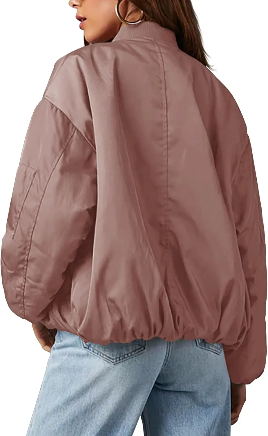 Womens Oversized Bomber Jacket Zip Up Quilted Lightweight Winter Warm Coat