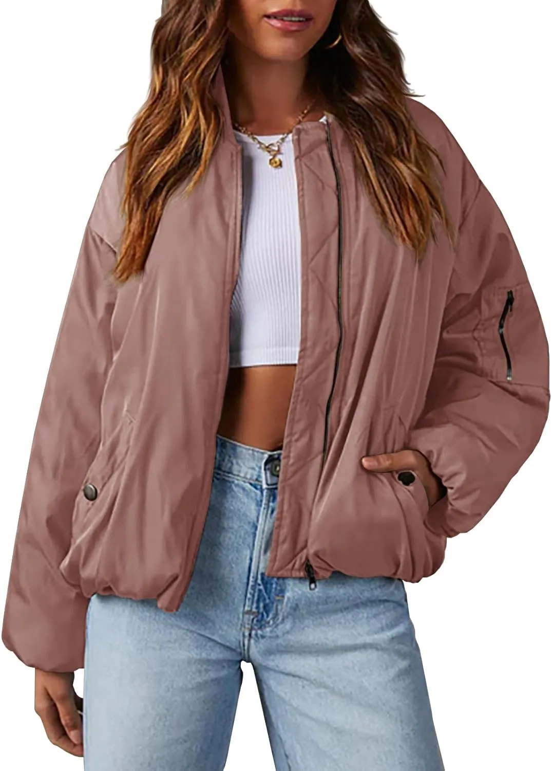 Womens Oversized Bomber Jacket Zip Up Quilted Lightweight Winter Warm Coat
