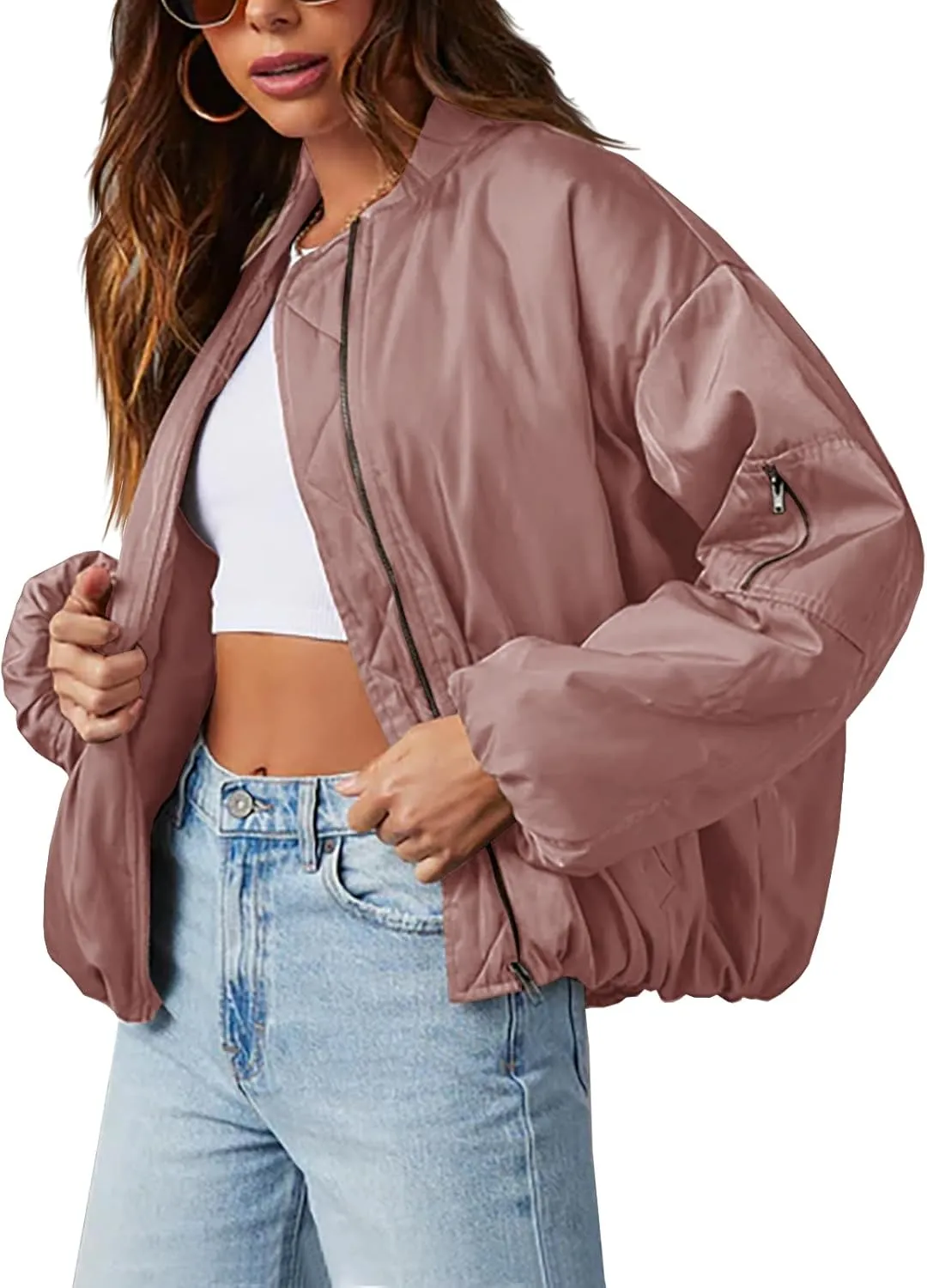 Womens Oversized Bomber Jacket Zip Up Quilted Lightweight Winter Warm Coat