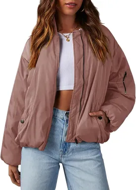 Womens Oversized Bomber Jacket Zip Up Quilted Lightweight Winter Warm Coat