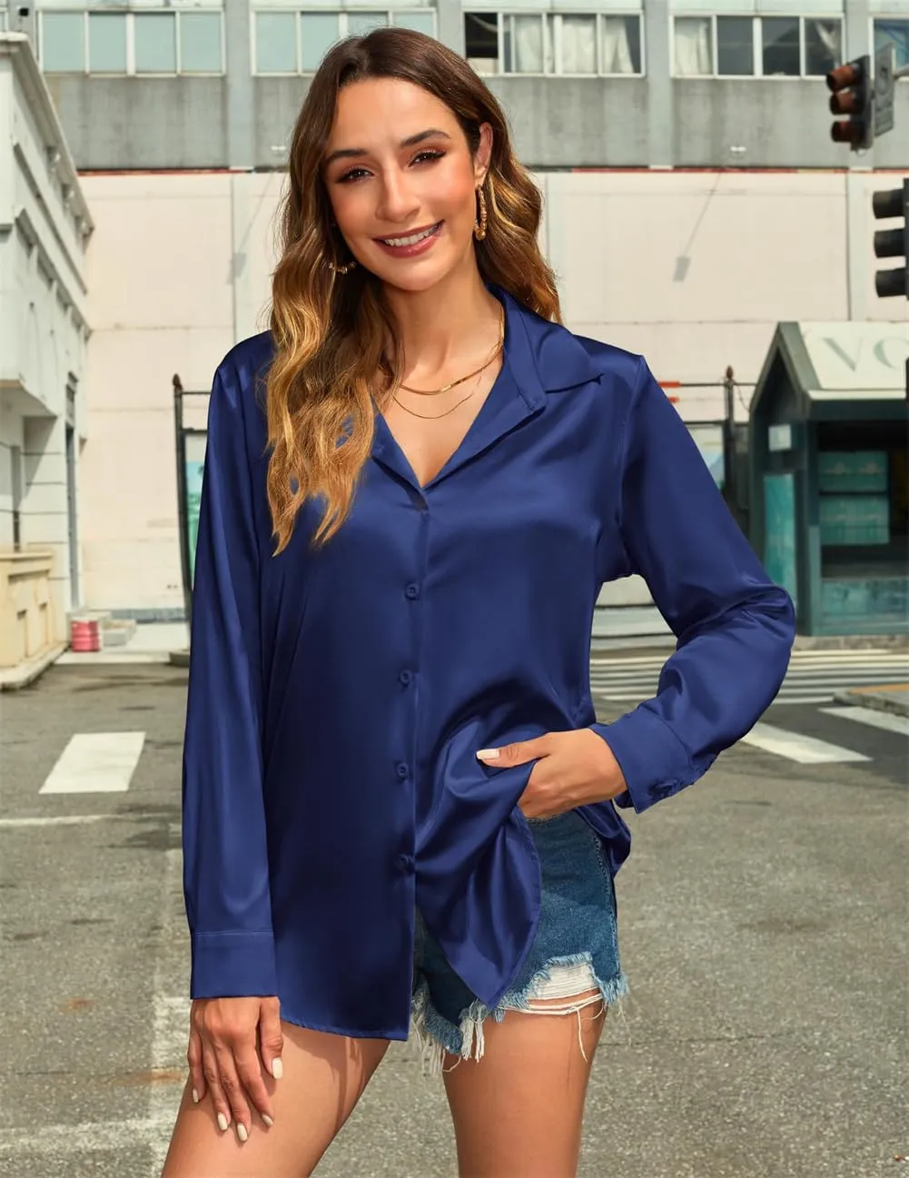 Women's Satin Silk Blouse Wrap V Neck Long Sleeve, Casual Blouse Loose Long Sleeve Office Work Tops, Shirts